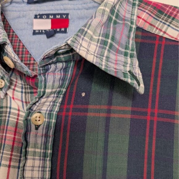 Tommy Hilfiger Patchwork Plaid Shirt Mens Size Medium Red Preppy Long Sleeve 90s - Picture 4 of 10